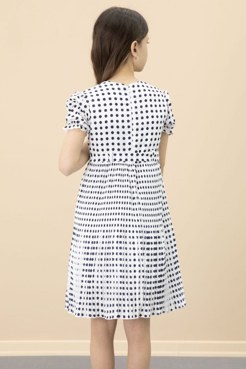 Ekru Puantiyeli Kız Çocuk Kuşaklı Kısa Kol Elbise 20651