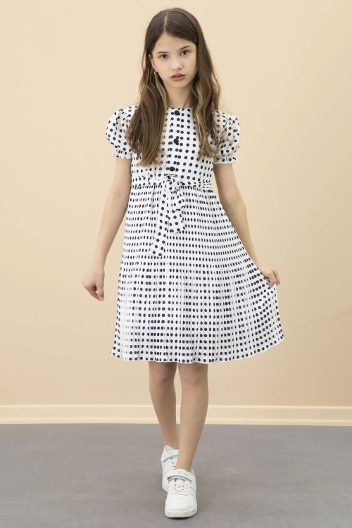 Ekru Puantiyeli Kız Çocuk Kuşaklı Kısa Kol Elbise 20651