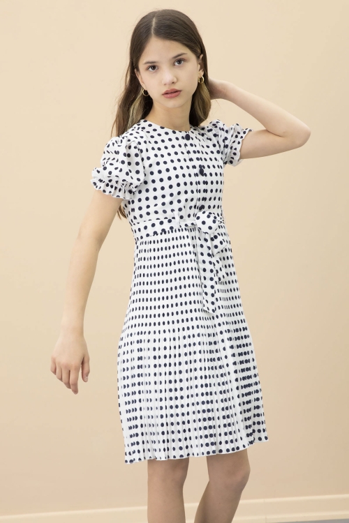 Ekru Puantiyeli Kız Çocuk Kuşaklı Kısa Kol Elbise 20651