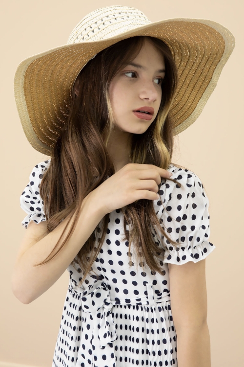 Ekru Puantiyeli Kız Çocuk Kuşaklı Kısa Kol Elbise 20651