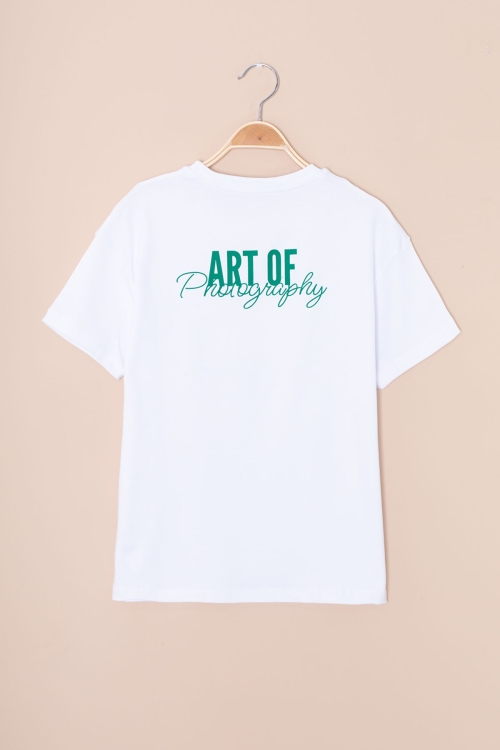 Ekru Sırtı Yazılı Fotoğraf Baskılı Kız Çocuk Bisiklet Yaka Tişört 20980