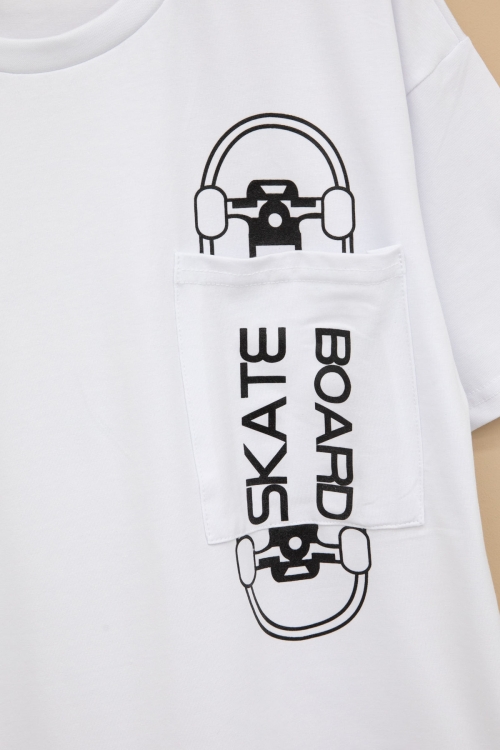 Ekru Skateboard Baskılı Cepli Erkek Çocuk Bisiklet Yaka Tişört 20912