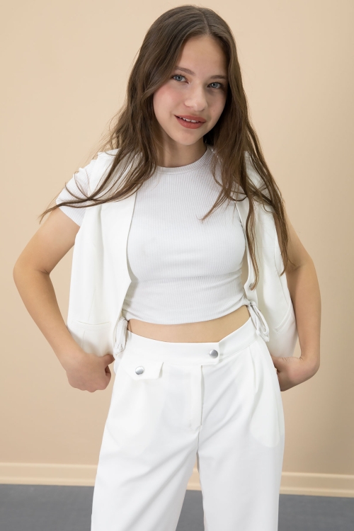 Ekru V Yaka Düğmeli Yelekli Geniş Paça Pantolonlu Kız Çocuk 2li Takım 20725