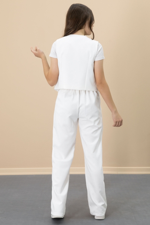 Ekru V Yaka Düğmeli Yelekli Geniş Paça Pantolonlu Kız Çocuk 2li Takım 20725