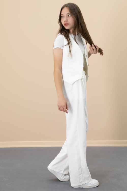 Ekru V Yaka Düğmeli Yelekli Geniş Paça Pantolonlu Kız Çocuk 2li Takım 20725