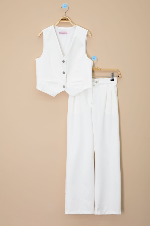 Ekru V Yaka Düğmeli Yelekli Geniş Paça Pantolonlu Kız Çocuk 2li Takım 20725