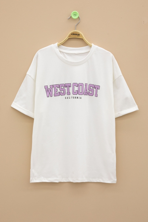 Ekru West Coast Yazılı Kısa Kol Kız Çocuk Bisiklet Yaka Tişört 20960