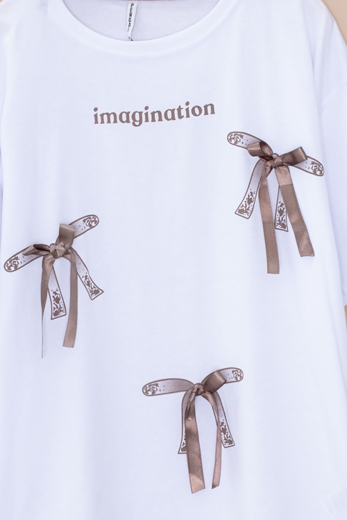 Ekru Yazı Baskılı Fiyonklu Kız Çocuk Kısa Kol Oversize Tişört 20802