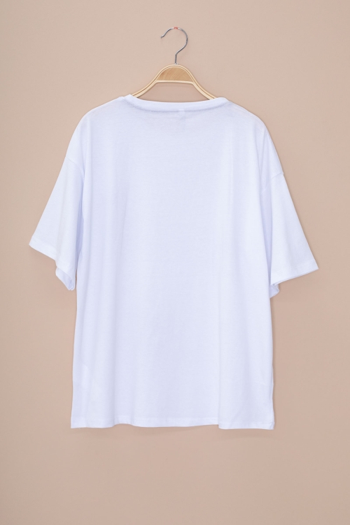 Ekru Yazı Baskılı Fiyonklu Kız Çocuk Kısa Kol Oversize Tişört 20802