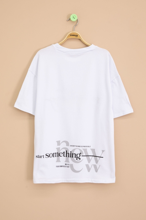 Ekru Yazı Nakışlı Sırtı Baskılı Erkek Çocuk Bisiklet Yaka Tişört 20899