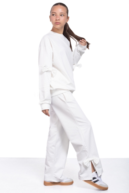 Ekru Yırtmaçlı Paça Fiyonk Detaylı Kız Çocuk 2li Eşofman Takımı 21213