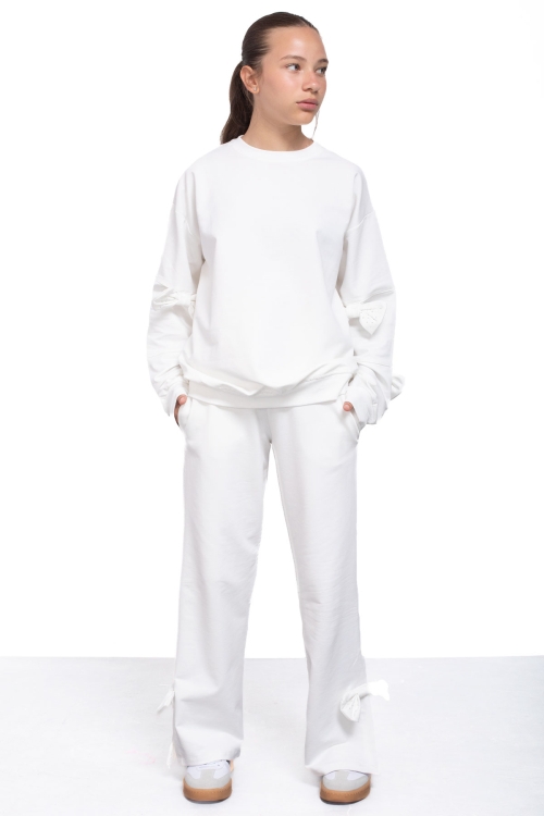 Ekru Yırtmaçlı Paça Fiyonk Detaylı Kız Çocuk 2li Eşofman Takımı 21213