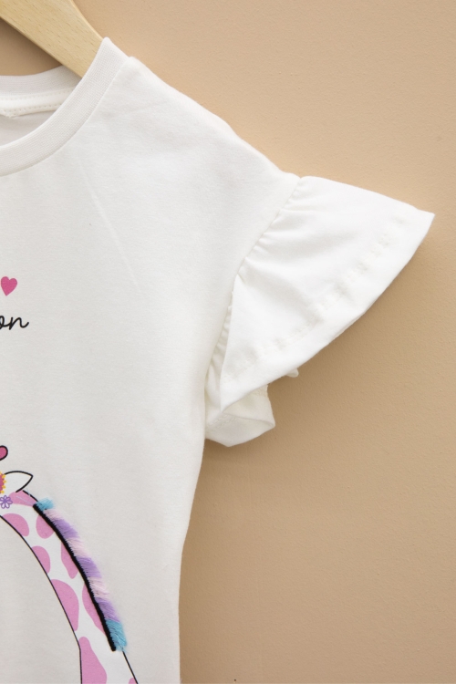 Ekru Zürafa Baskılı Fırfırlı Kız Bebek Kısa Kol Tişört 20992