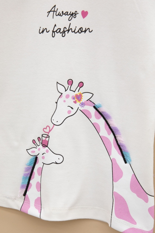 Ekru Zürafa Baskılı Fırfırlı Kız Bebek Kısa Kol Tişört 20992