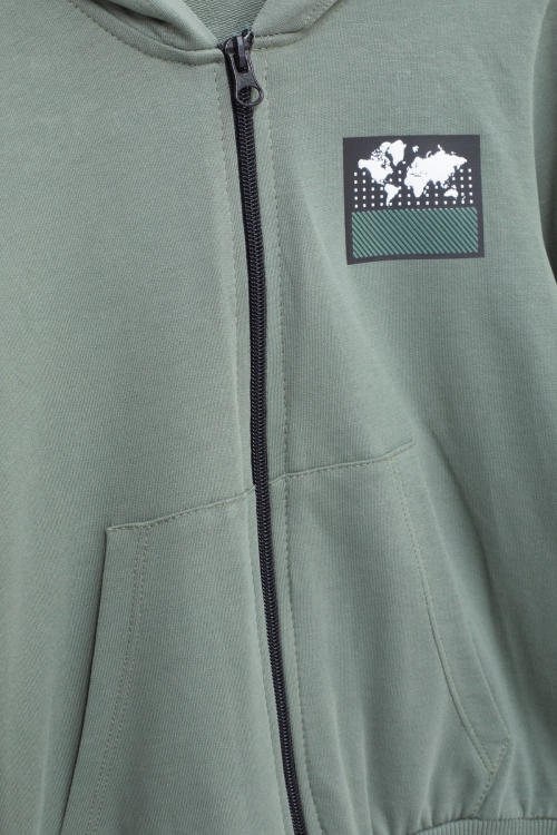 Erkek Çocuk Haki Şerit Yazılı Kapüşonlu Hırkalı Eşofman Takımı 18770