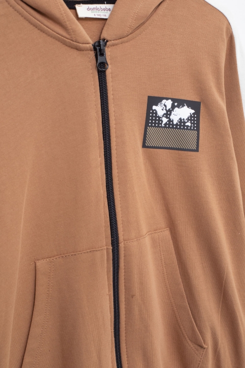 Erkek Çocuk Kahve Şerit Yazılı Kapüşonlu Hırkalı Eşofman Takımı 18774