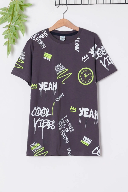 Erkek Çocuk Koyu Yeşil Ön Cep Neon Detay 8-13 Yaş T-Shirt 4138-3