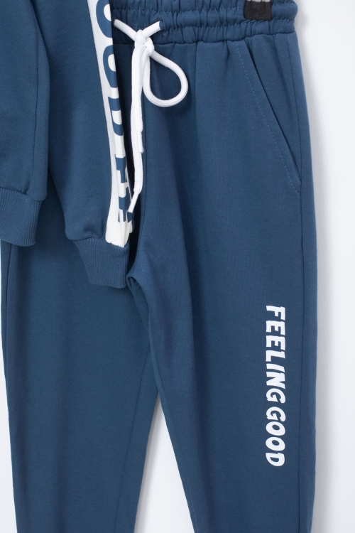 Erkek Çocuk Lacivert Şerit Yazılı Kapüşonlu Hırkalı Eşofman Takımı 18773