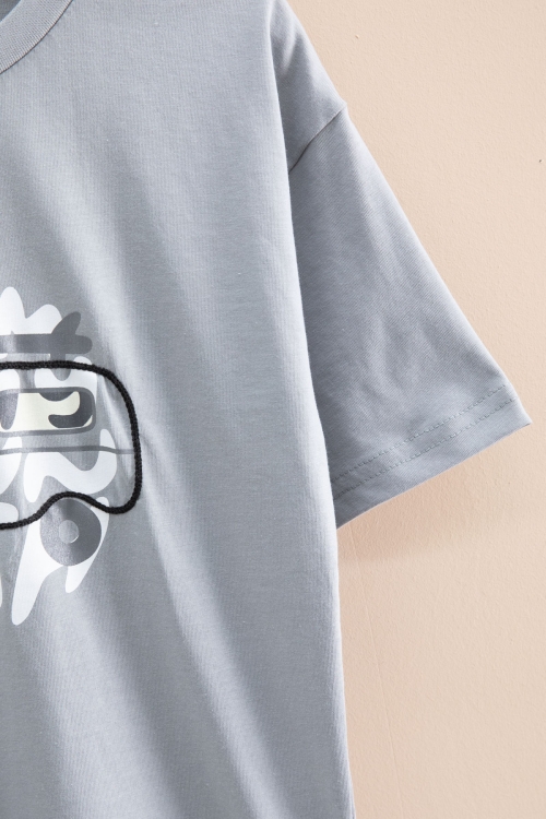 Füme Araba Baskılı Bisiklet Yaka Erkek Çocuk Kısa Kol Tişört 20923