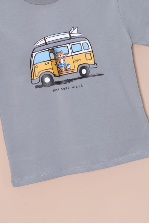 Füme Araba Baskılı Nakış Detaylı Erkek Çocuk Bisiklet Yaka Tişört 20955