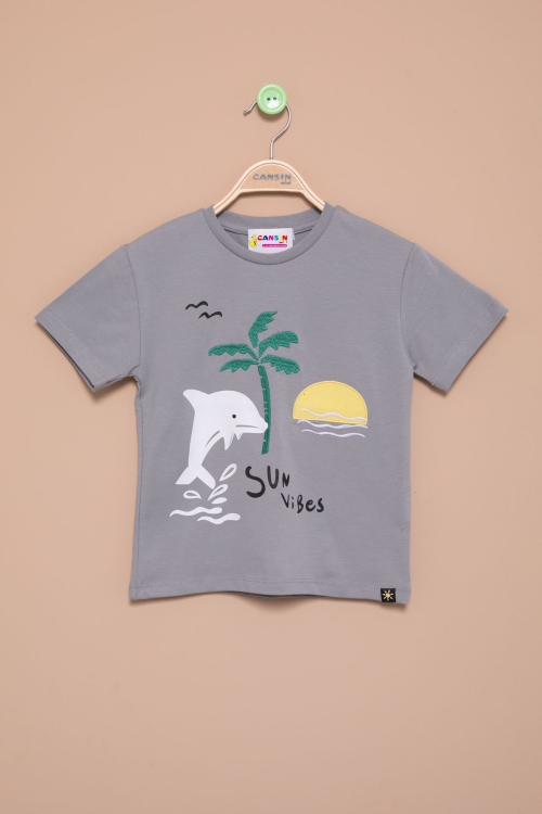 Füme Balık Baskılı Nakışlı Erkek Bebek Bisiklet Yaka Tişört 20947