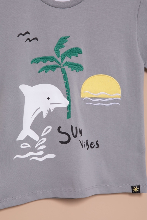 Füme Balık Baskılı Nakışlı Erkek Bebek Bisiklet Yaka Tişört 20947