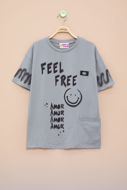 Füme Cep Detaylı Yazı Baskılı Erkek Çocuk Bisiklet Yaka Tişört 20906