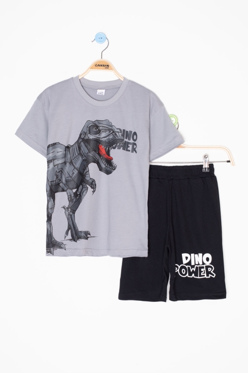 Füme Dino Baskılı Yazılı Erkek Çocuk Şortlu Alt Üst Takım 20617