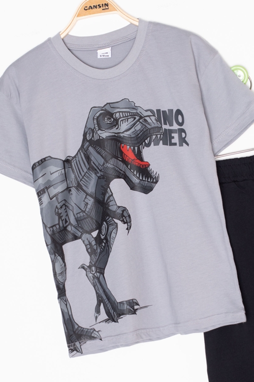 Füme Dino Baskılı Yazılı Erkek Çocuk Şortlu Alt Üst Takım 20617