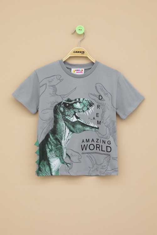 Füme Dinozor Baskılı Bisiklet Yaka Erkek Bebek Tişört 20951