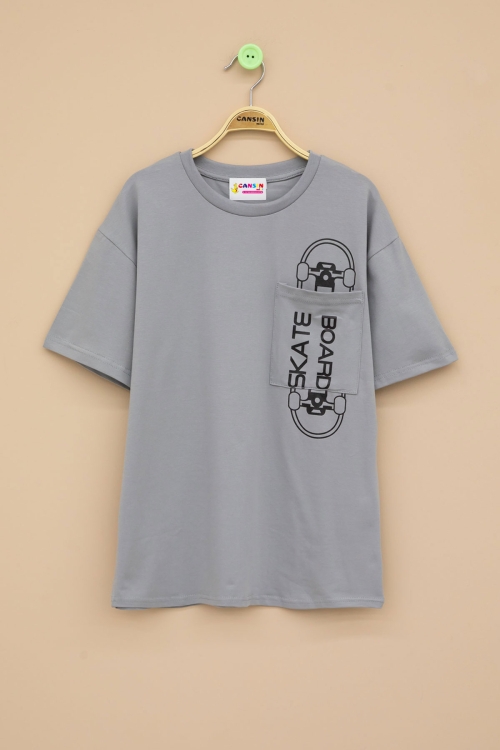 Füme Skateboard Baskılı Cepli Erkek Çocuk Bisiklet Yaka Tişört 20910