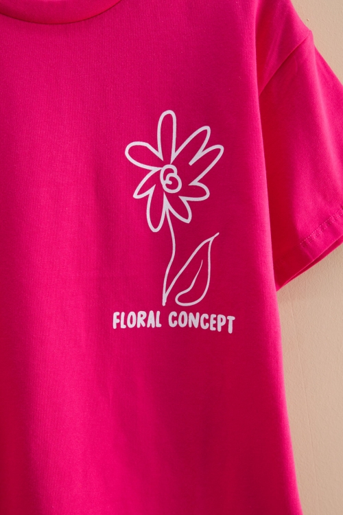 Fuşya  Çiçek Baskılı Sırtı Yazılı Kız Çocuk Bisiklet Yaka Tişört 20968
