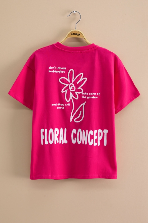 Fuşya  Çiçek Baskılı Sırtı Yazılı Kız Çocuk Bisiklet Yaka Tişört 20968