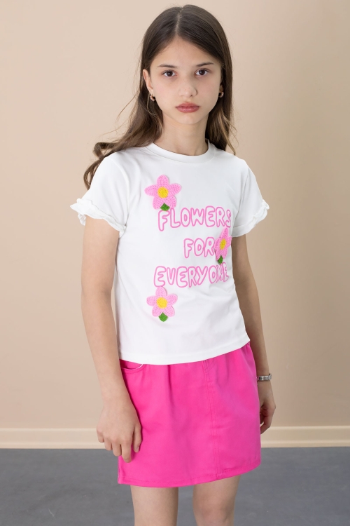 Fuşya Çiçek Nakışlı Tişörtlü Kız Çocuk Etekli 2li Takım 21102