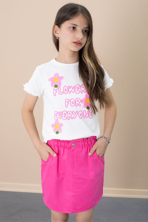 Fuşya Çiçek Nakışlı Tişörtlü Kız Çocuk Etekli 2li Takım 21102