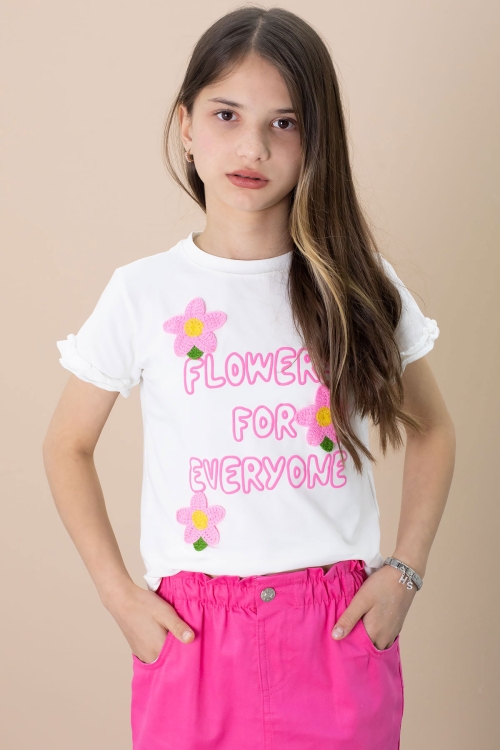 Fuşya Çiçek Nakışlı Tişörtlü Kız Çocuk Etekli 2li Takım 21102