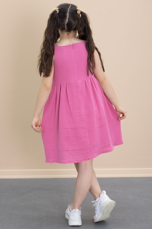 Fuşya Dantel Detaylı Askılı Kız Çocuk Müslin Elbise 21023
