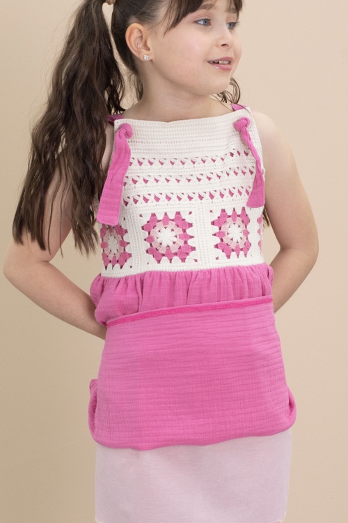 Fuşya Dantel Detaylı Askılı Kız Çocuk Müslin Elbise 21023