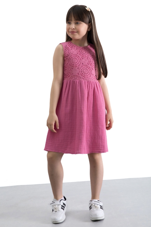 Fuşya Dantel İşlemeli Müslin Kız Çocuk Elbise 20777