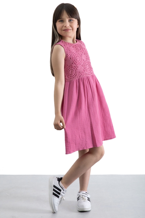Fuşya Dantel İşlemeli Müslin Kız Çocuk Elbise 20777