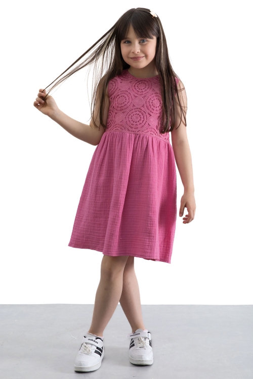 Fuşya Dantel İşlemeli Müslin Kız Çocuk Elbise 20777