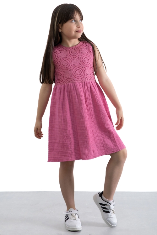 Fuşya Dantel İşlemeli Müslin Kız Çocuk Elbise 20777