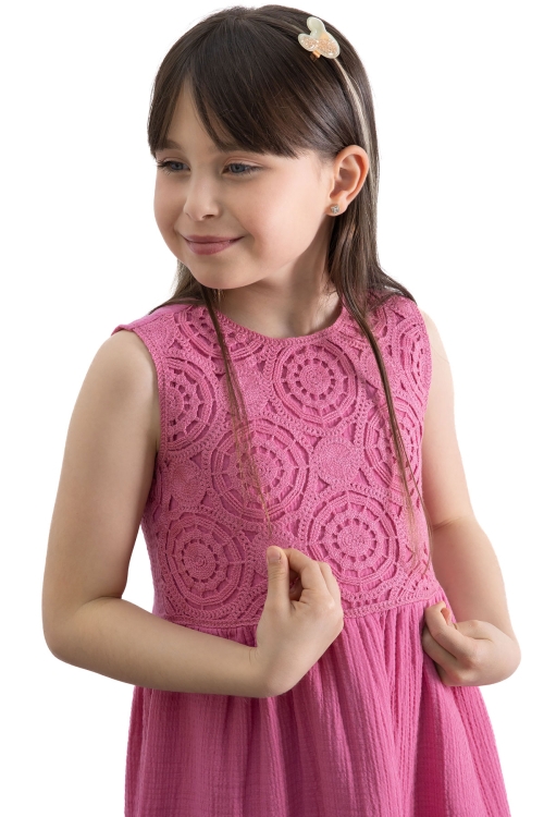 Fuşya Dantel İşlemeli Müslin Kız Çocuk Elbise 20777