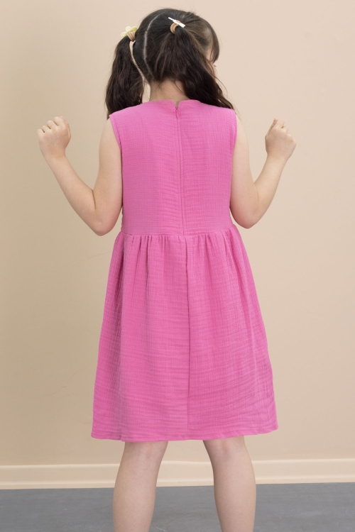 Fuşya Dantel İşlemeli Sıfır Kol Kız Çocuk Müslin Kumaş Elbise 21024