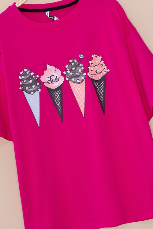 Fuşya Dondurma Baskılı Taşlı Kız Çocuk Kısa Kol Oversize Tişört 20796