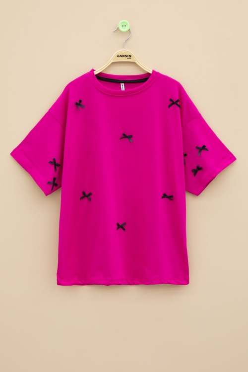 Fuşya Fiyonk Nakışlı Kısa Kol Kız Çocuk Oversize Tişört 20801