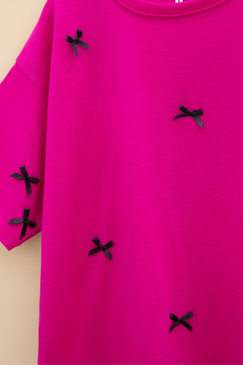 Fuşya Fiyonk Nakışlı Kısa Kol Kız Çocuk Oversize Tişört 20801