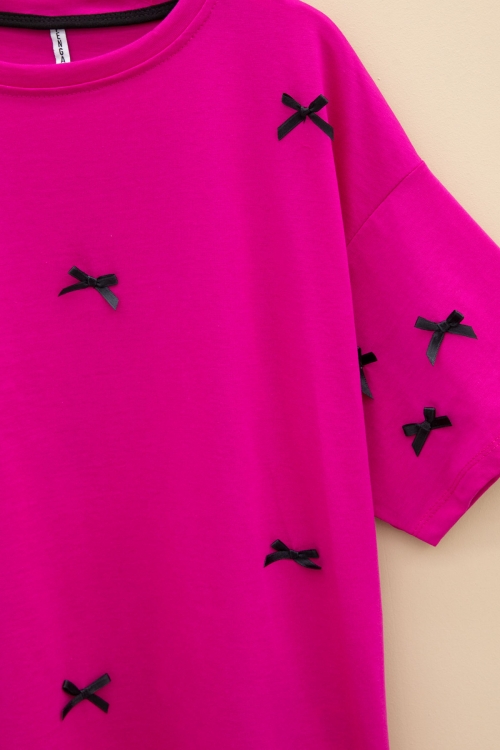 Fuşya Fiyonk Nakışlı Kısa Kol Kız Çocuk Oversize Tişört 20801