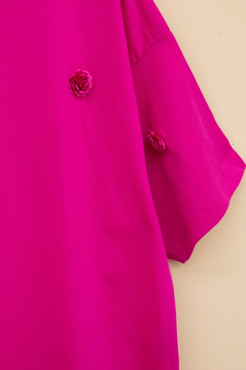 Fuşya Gül Nakış Detaylı Kısa Kol Kız Çocuk Oversize Tişört 20806