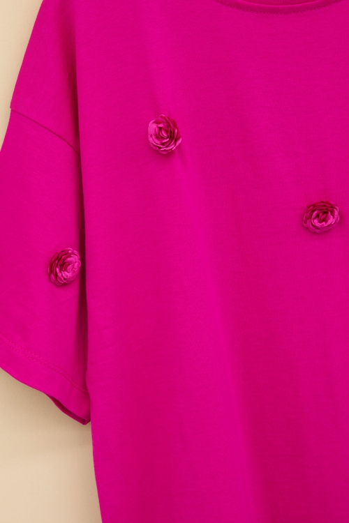 Fuşya Gül Nakış Detaylı Kısa Kol Kız Çocuk Oversize Tişört 20806